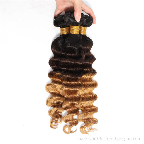 3 Bundles SPARK Ombre Brazilian Human Hair Weaving for Black Women 1B/4/27 Virgin Remy Hair Extension Honey Blonde Deep Wave